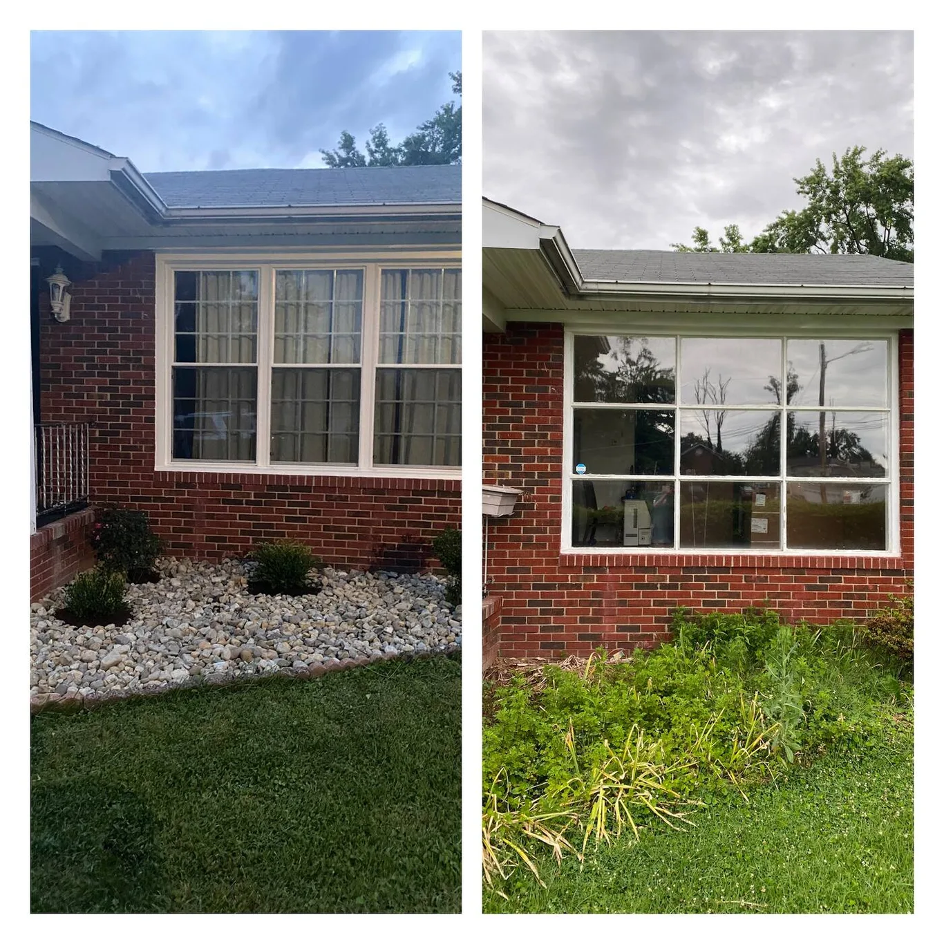 Two views of a brick house with a wide new window at the front