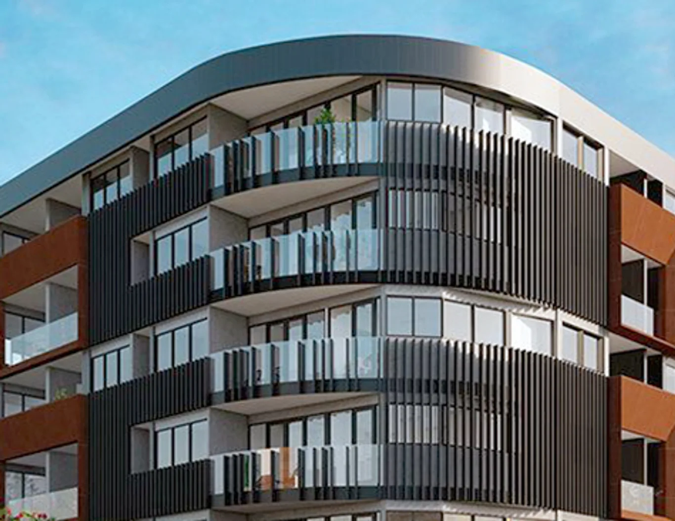 An illustration of a curved apartment building with balconies