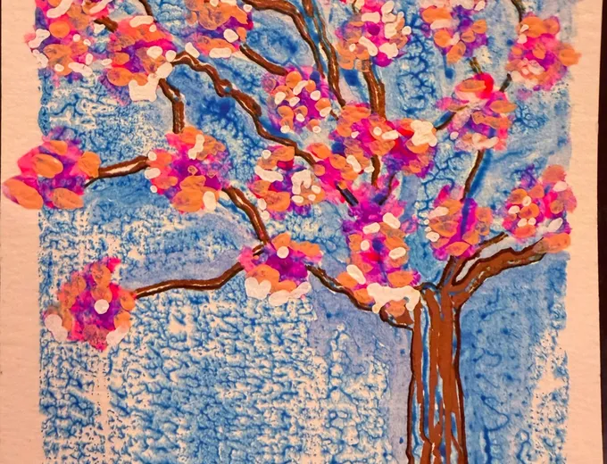 Painting of a tree in pink blossom
