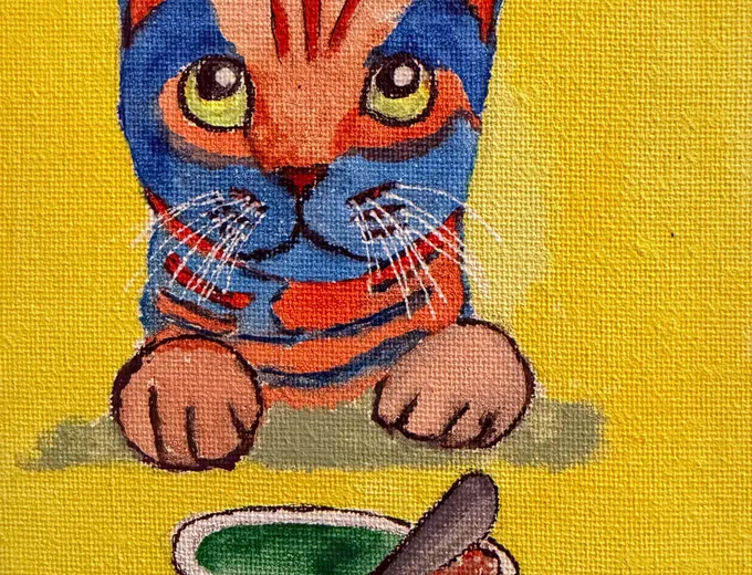Barb's painting of a cat looking up from its food bowl, signed by her